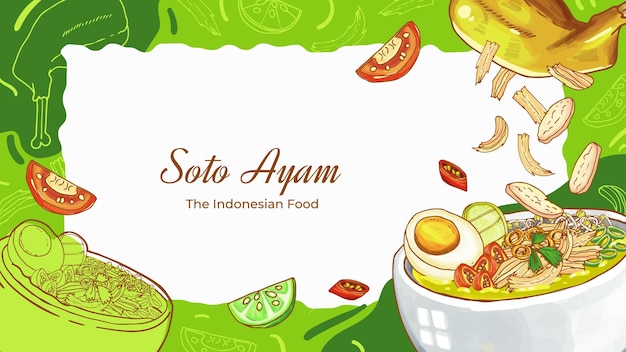 Sfondo di cibo indonesiano soto ayam disegnato a mano