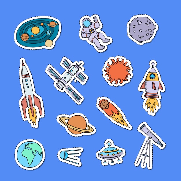 Hand drawn space elements stickers set