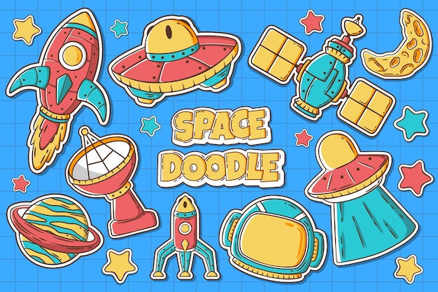 Hand drawn space icon set with doodle style