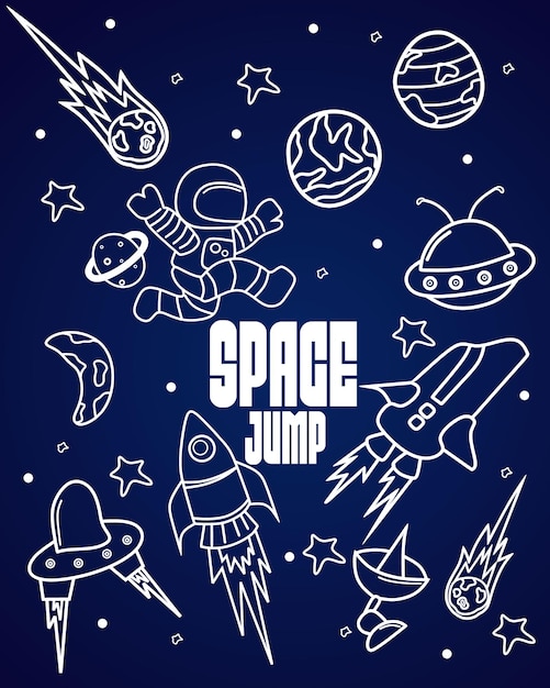 Illustrazione dello spazio disegnato a mano doodle set di icone astronauta razzo ufo pianeta design per poster per bambini