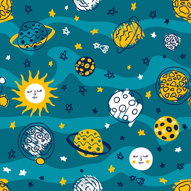 Ручной обращается космический бесшовный узор с солнечными планетами и звездами идеальный отпечаток для канцелярских товаров tshirt текстиль и ткань doodle векторный фон для декора и дизайна