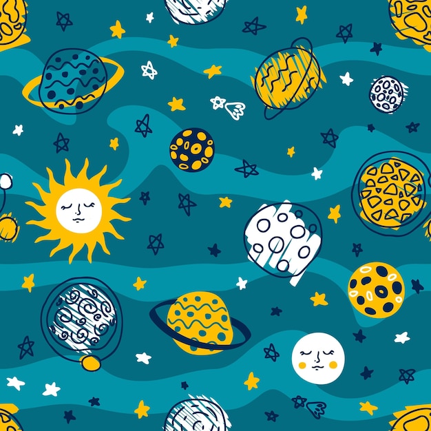 Hand drawn space seamless pattern with sun planets and stars perfect print for tshirt stationery textile and fabric doodle vector background for decor and design