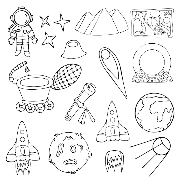 Hand drawn space set black and white galaxy collection isolated on white background