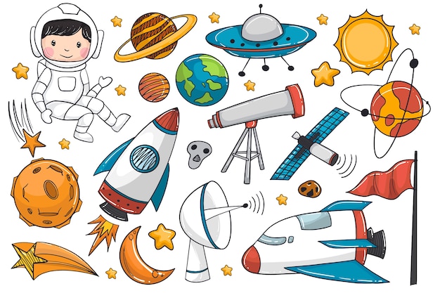 Set di astronave e astronauta disegnati a mano