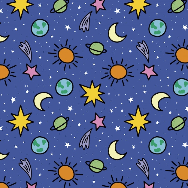 Hand drawn spatial pattern with planets and stars