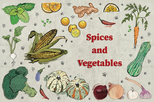 Hand drawn spices and colorful vegetables set watercolor style