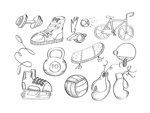 Hand drawn sport equipment icons vector illustration.