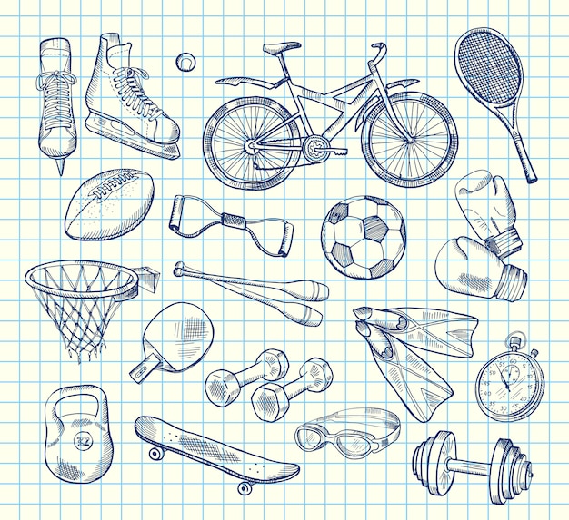 Vector hand drawn sports equipment on notebook
