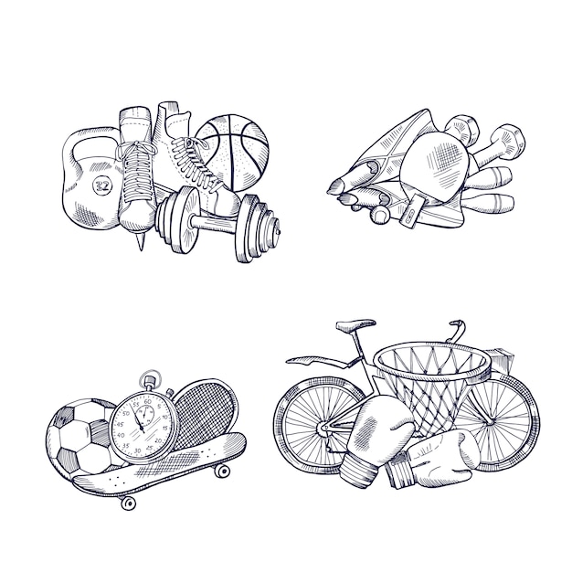 Vector hand drawn sports equipment piles set. 