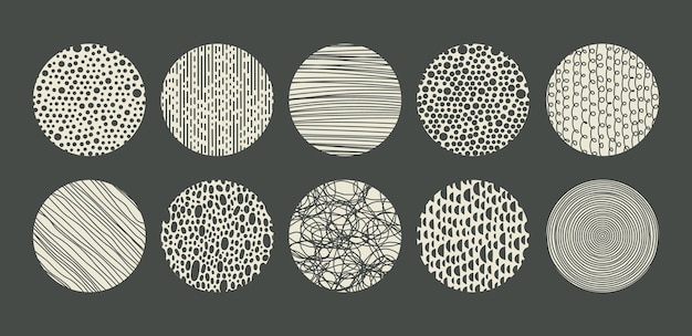 Hand drawn spotted dotted scribble and hatching doodle vector round patterns