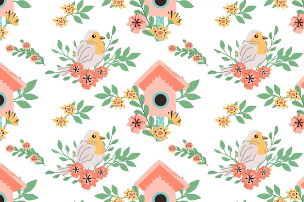 Hand drawn spring bird robin and birdhouse pattern with floral elements vector illustration isolated