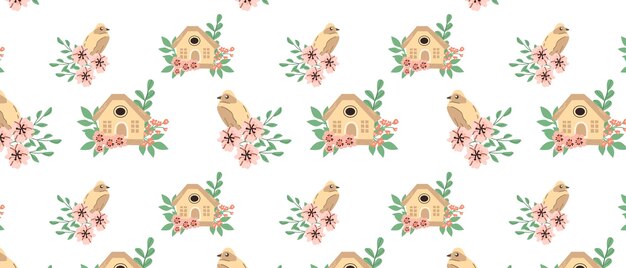 Hand drawn spring birds and birdhouse pattern with floral elements vector illustration isolated can