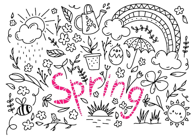 Insieme di doodle di primavera disegnato a mano illustrazione vettoriale