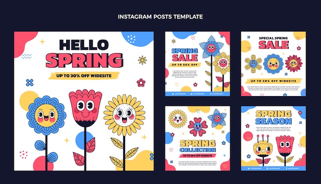 Hand drawn spring instagram posts collection