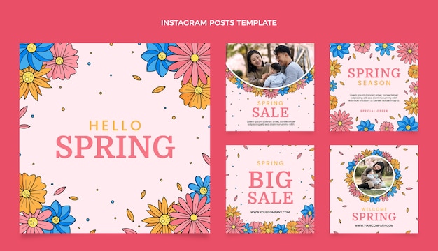 Vector hand drawn spring instagram posts collection