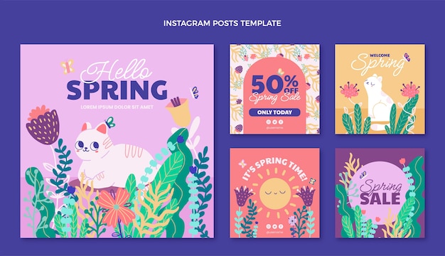 Hand drawn spring instagram posts collection