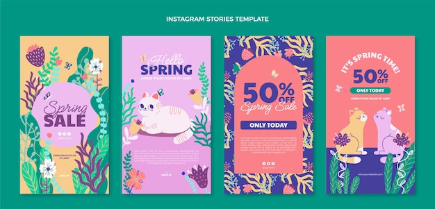 Vector hand drawn spring instagram stories collection