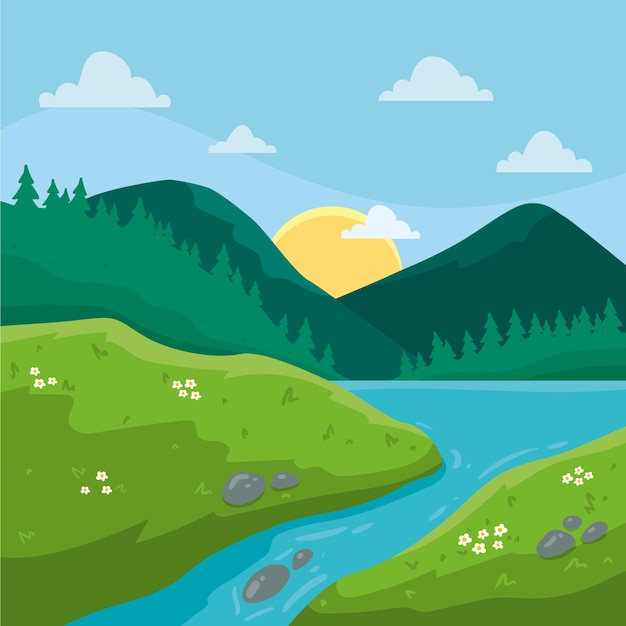 Vector hand drawn spring landscape with mountains and river