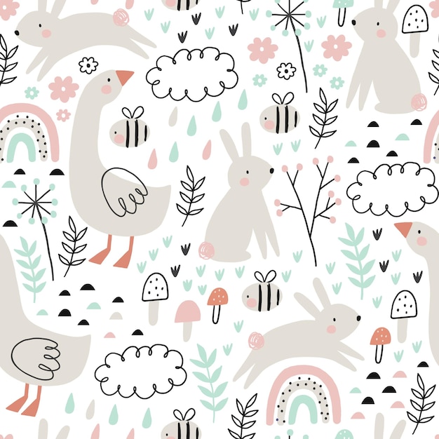 Hand drawn spring pattern with cute cartoon goose bunny flowers leaves Seamless pattern