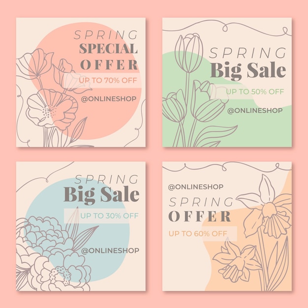 Hand drawn spring sale instagram posts set