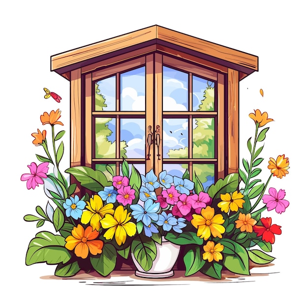 Finestra a primavera disegnata a mano con fiori campagna cartone animato illustrazione vettoriale clipart sfondo bianco