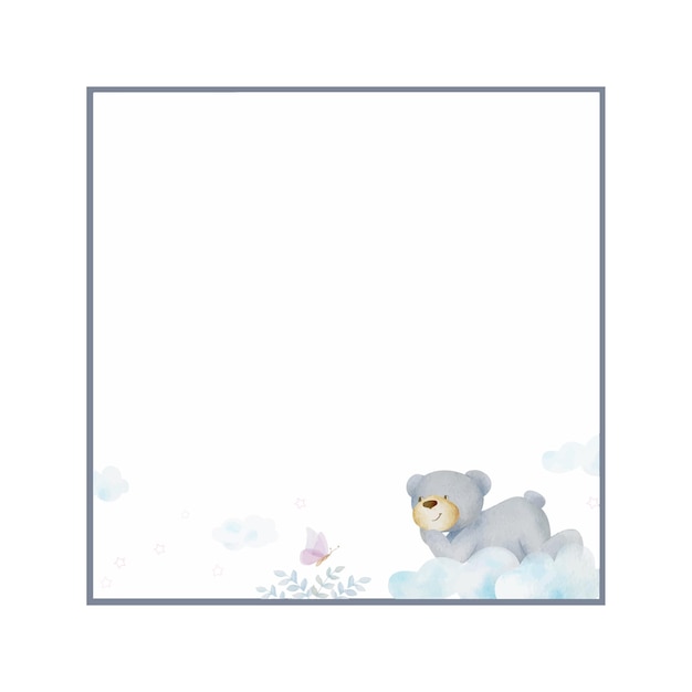 Vector hand drawn square frame with bear on clouds and butterfly watercolor illustration