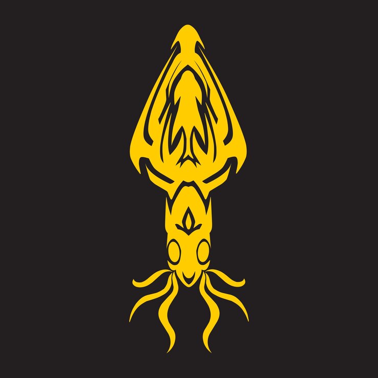 Vector hand drawn squid animal in gold and black background
