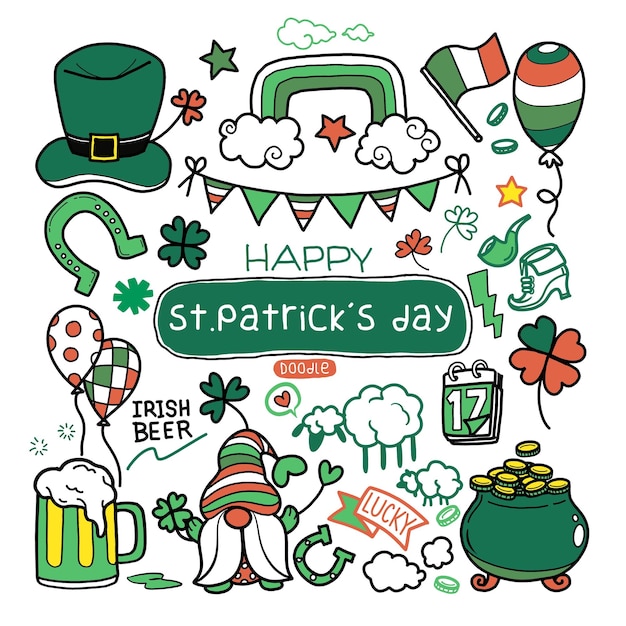 Vector hand drawn st patricks day doodle set cooking components beer glasses with the clover pot of gold