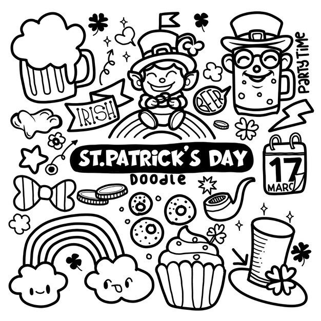 Vector hand drawn st patricks day doodle set cooking components beer glasses with the clover pot of gold