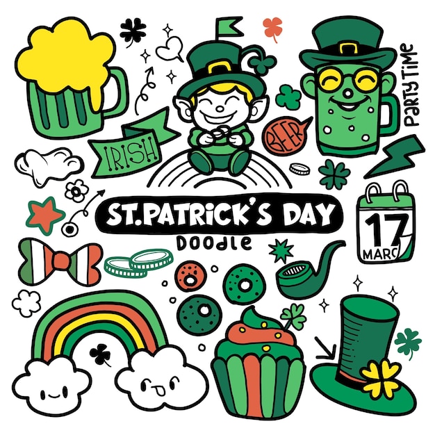 Vector hand drawn st patricks day doodle set cooking components beer glasses with the clover pot of gold