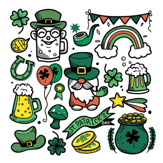Vettore set di doodle del giorno di san patrizio disegnato a mano componenti di cottura bicchieri da birra con il pentolo di trifoglio d'oro