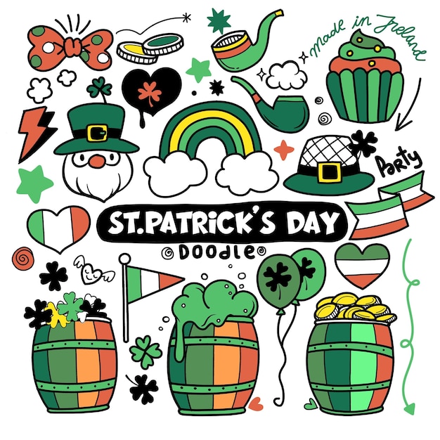 Vector hand drawn st patricks day doodle set cooking components beer glasses with the clover pot of gold