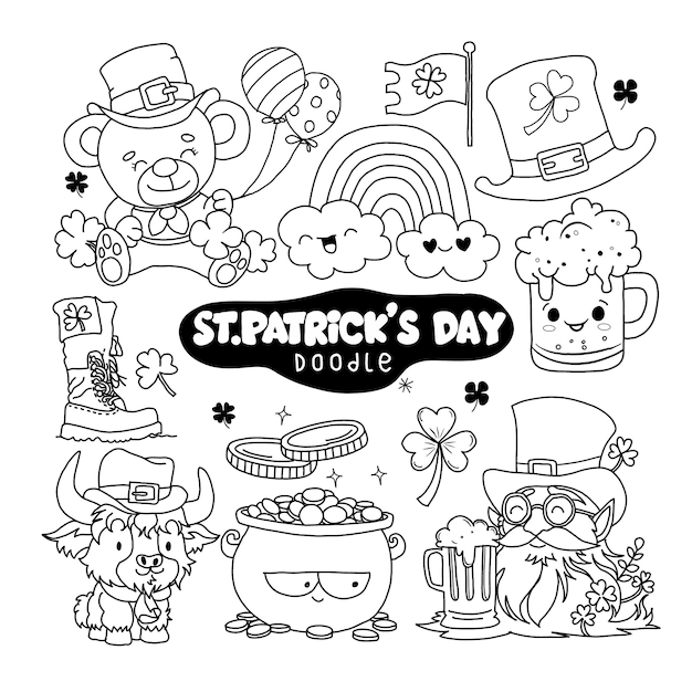 Hand drawn of st patricks day themed doodle collection