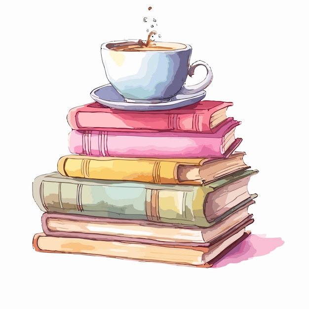 hand drawn stack of books and cup of coffee for world book day Pile of books with cup of tea