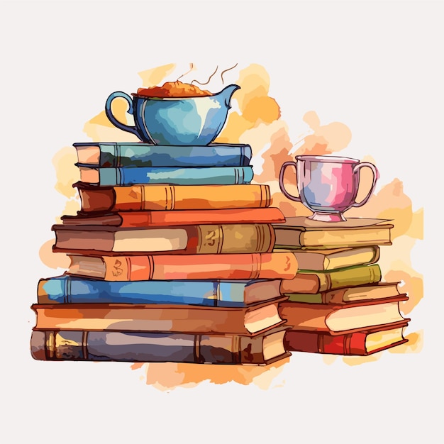 Vector hand drawn stack of books and cup of coffee for world book day pile of books with cup of tea