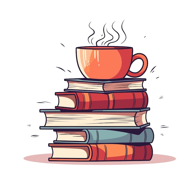 hand drawn stack of books and cup of coffee for world book day Pile of books with cup of tea