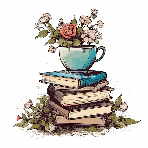 Hand drawn stack of books and cup of coffee for world book day pile of books with cup of tea