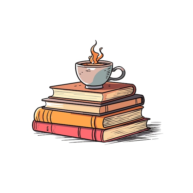 hand drawn stack of books and cup of coffee for world book day Pile of books with cup of tea