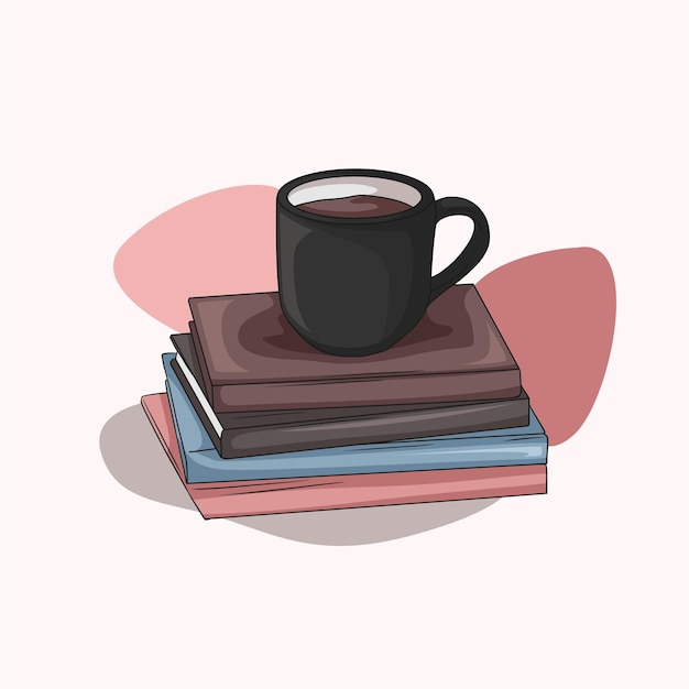 Нарисованная вручную стопка книг и чашка кофе ко всемирному дню книги