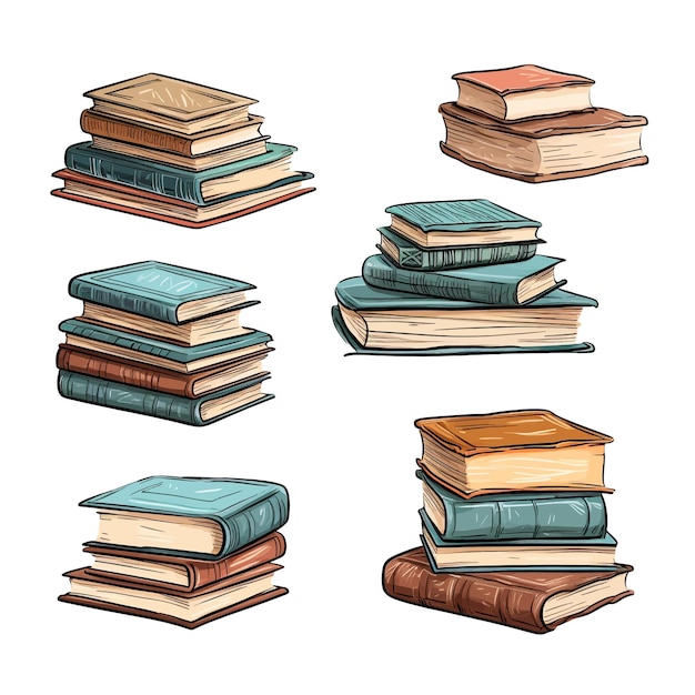 Vector hand drawn stacks of books collection cartoon vector illustration clipart white background