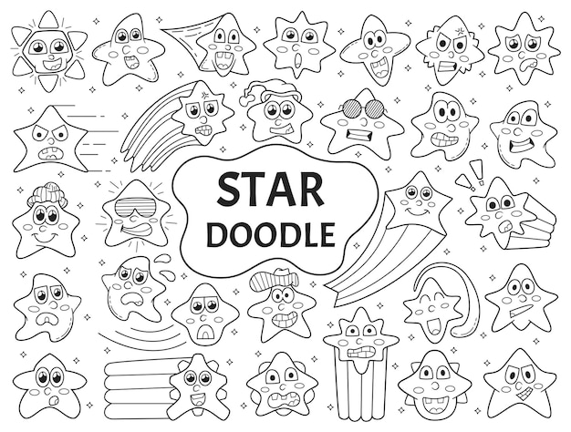 Vettore doodle stella disegnato a mano con espressione facciale diversa