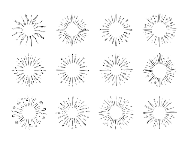 Esplosione di doodle disegnato a mano o sole splendente spruzzi d'acqua di contorno astratto minimi fuochi d'artificio e flash di luce set di schizzi neri vettoriali di cerchio con raggi divergenti e schizzi