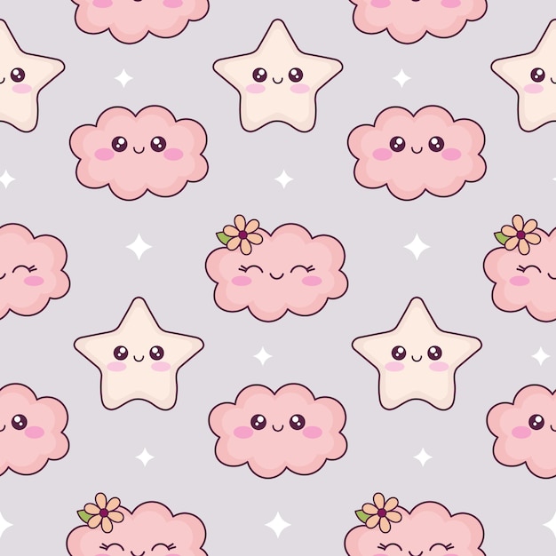 Hand drawn stars and clouds. Cute cartoon kawaii seamless pattern. Funny comic characters background