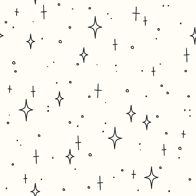 白い背景の上の手描きの星やドット。ベクトルのシームレスなパターン