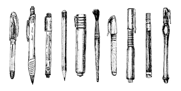손으로 그린 문구 세트 벡터 낙서 그림 학교 액세서리 및 용품 세트