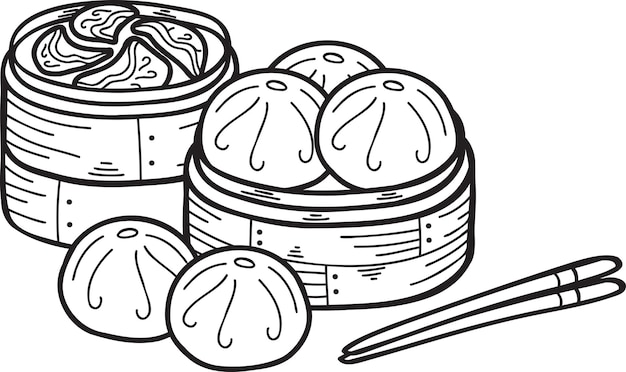 Vector hand drawn steamed bun with bamboo tray chinese and japanese food illustration