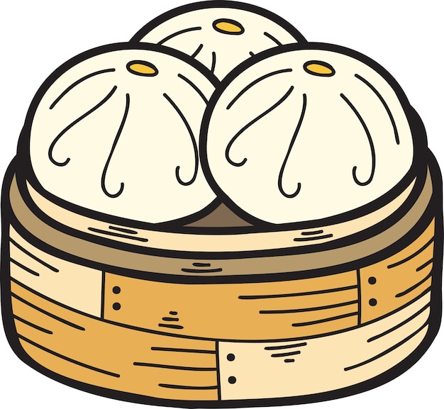 Vector hand drawn steamed bun with bamboo tray chinese and japanese food illustration