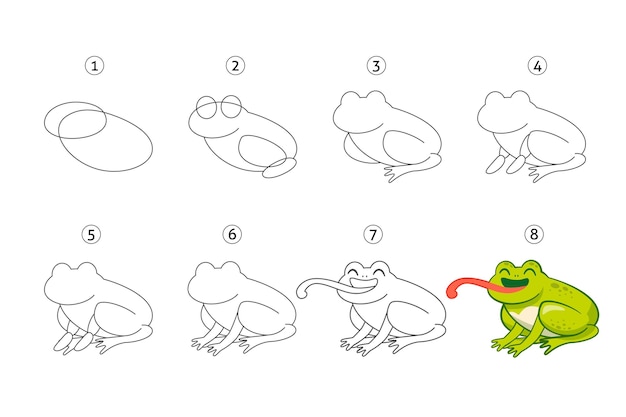 Vector hand drawn step by step drawing frog