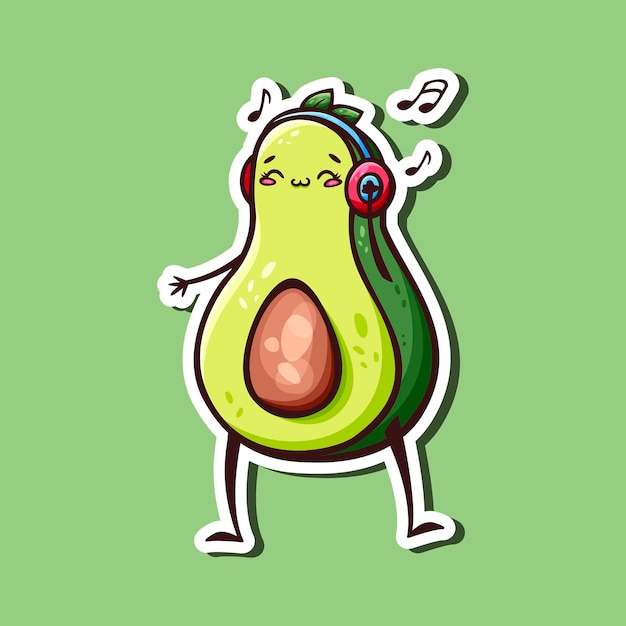 Vector hand drawn sticker of cute kawaii avocado in headphones in doodle style.