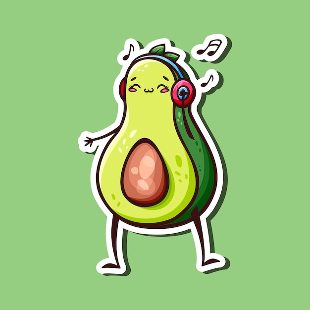 Adesivo disegnato a mano di carino kawaii avocado in cuffia in stile doodle.